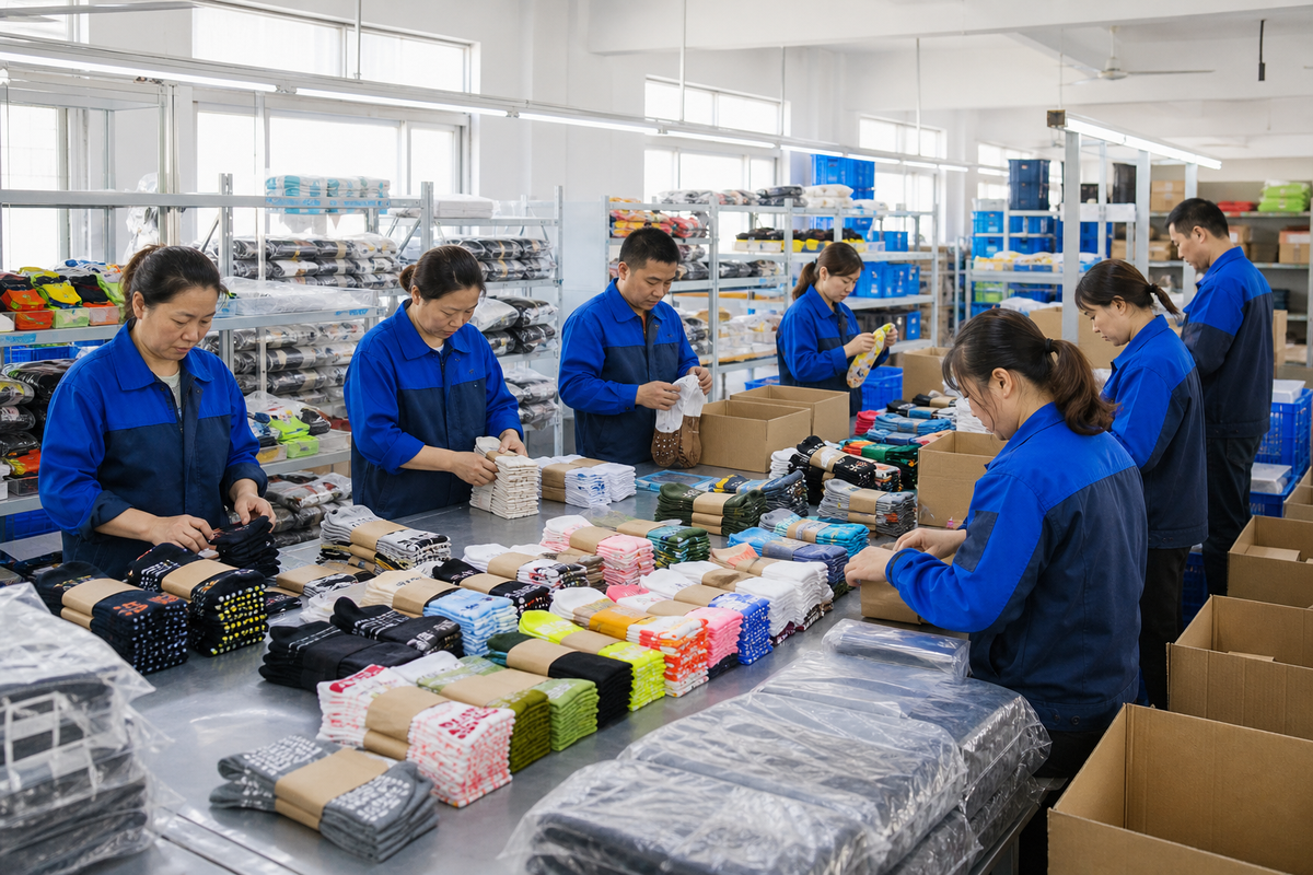 Illustration of a custom sock pairing and packing line