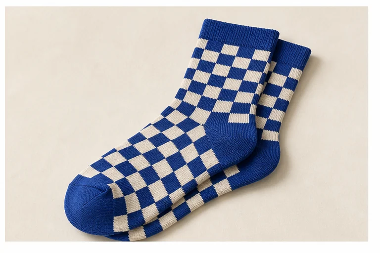 Cobalt blue and cream checkerboard crew socks